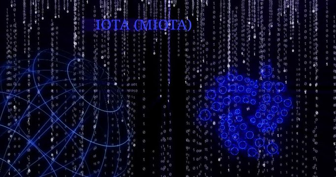 Glowing Iota (MIOTA) symbol against the falling binary code symbols