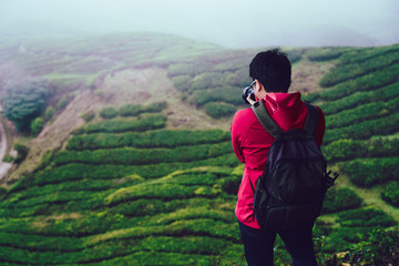 Backpacker traveling into tea field