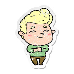 distressed sticker of a happy cartoon man