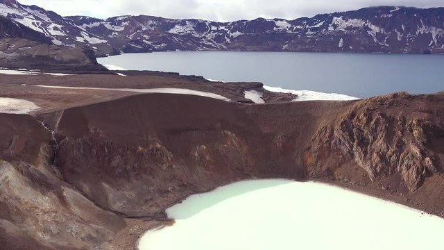 Establishing shot of the beautiful region of Askja lake caldera in the desolate highland interior of Iceland.