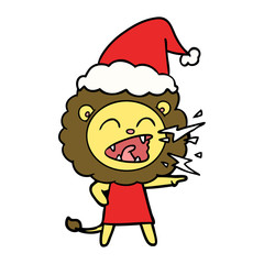 line drawing of a roaring lion girl wearing santa hat