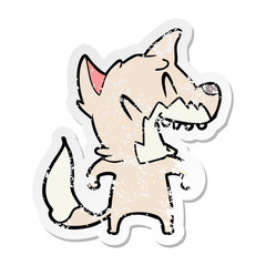 distressed sticker of a laughing fox cartoon