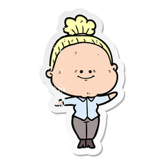 distressed sticker of a cartoon happy old woman