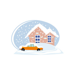 Houses and car in snowdrifts isolated on white background
