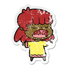 distressed sticker of a cartoon woman talking loudly