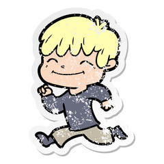 distressed sticker of a cartoon happy boy