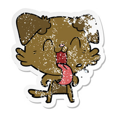 distressed sticker of a cartoon panting dog