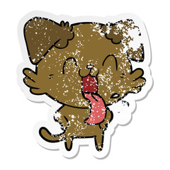 distressed sticker of a cartoon panting dog