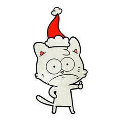 textured cartoon of a nervous cat wearing santa hat