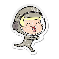 distressed sticker of a happy cartoon astronaut