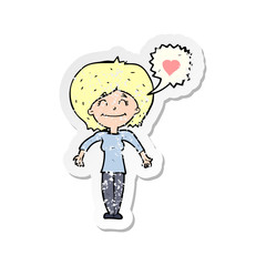 retro distressed sticker of a cartoon happy woman in love
