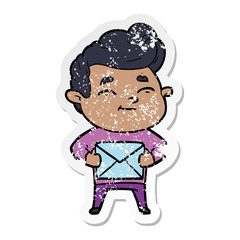distressed sticker of a happy cartoon man with gift