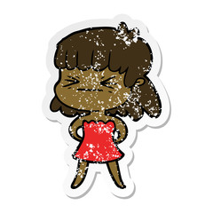 distressed sticker of a cartoon angry girl