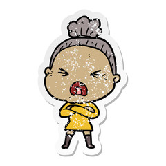 distressed sticker of a cartoon angry old woman