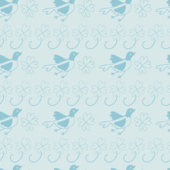 Seamless pattern with birds and clover, vector illustration. Light blue from background spring garden collections