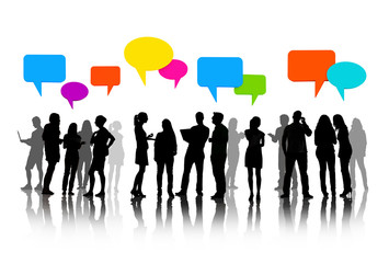 Talking Business People Silhouettes Isolated On White With Empty Colorful Speech Bubble