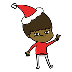 annoyed line drawing of a boy wearing santa hat