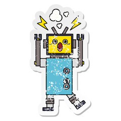 distressed sticker of a cute cartoon malfunctioning robot