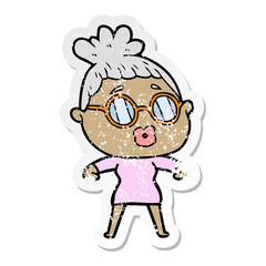 distressed sticker of a cartoon woman wearing spectacles