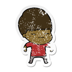distressed sticker of a cartoon smug boy