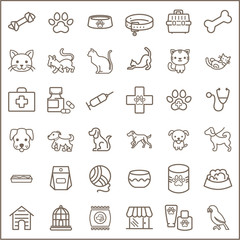 Simple Set of Pet Related Line Icons.Contains such Icons as dog , puppy, parrot, catling, cat, bone, paw print, pet collar And Other Elements. customize color, stroke width control , easy resize.