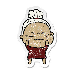 distressed sticker of a cartoon annoyed old lady