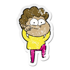 distressed sticker of a cartoon happy man