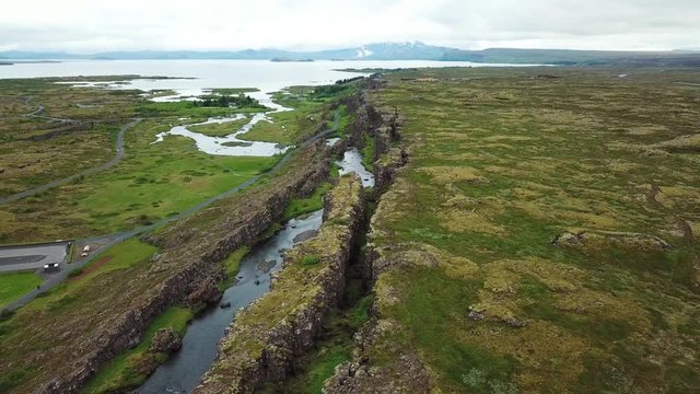 Beautiful aerial of the mid Atlantic ridge running through Thingvellir, Iceland.