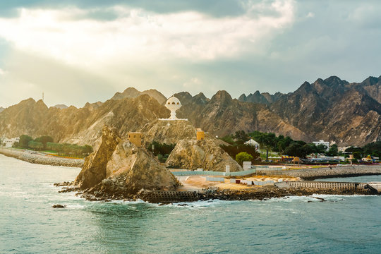 Muscat, Oman - December 16, 2018: view of the Riyam Park Monument from the sea