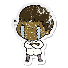 distressed sticker of a cartoon man crying