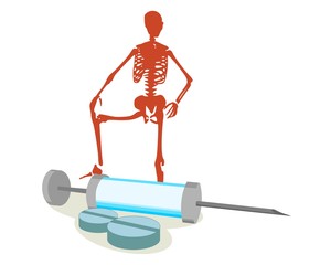 Abstract image relative to drugs addiction. Pharmacy and medicaments. Isometry volumetric pills and syringe. Skeleton silhouette
