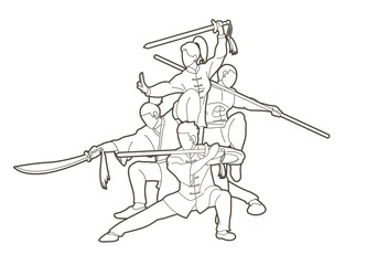 Group of People Kung Fu fighter, Martial arts with weapons action cartoon graphic vector.