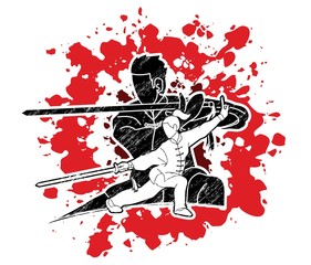 Obraz premium Man and woman Kung Fu fighter, Martial arts with weapons action cartoon graphic vector.