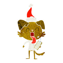 retro cartoon of a panting dog with clipboard wearing santa hat