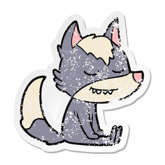 distressed sticker of a friendly cartoon wolf sitting down