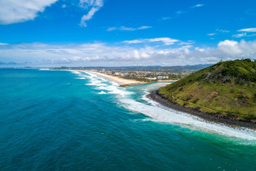 Aerial view of Burleigh Head National Park and ocean coastline. Gold Coast, Queensland, Australia