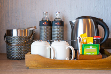 tea coffee and water set in room hotel