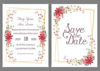 Elegant wedding cards consist of various kinds of flowers.