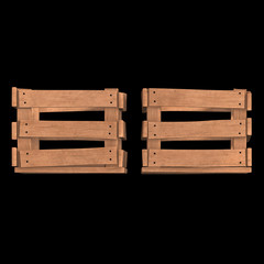 Wooden box for transportation and storage of products. Empty crate for fruits and vegetables. 3d render on black background.