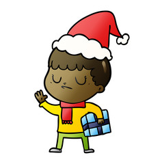 gradient cartoon of a grumpy boy wearing santa hat