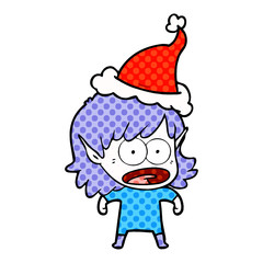 comic book style illustration of a shocked elf girl wearing santa hat