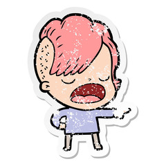 distressed sticker of a cartoon cool hipster girl talking