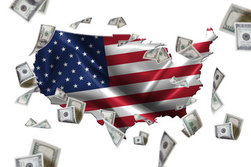 Wavy Flag USA Map and Dollar Banknotes Flying