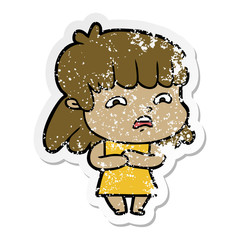 distressed sticker of a cartoon worried woman