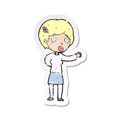 retro distressed sticker of a cartoon waving woman