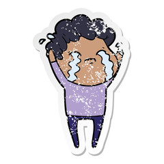 distressed sticker of a cartoon man crying