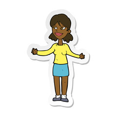 sticker of a cartoon happy woman shrugging shoulders