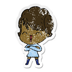 distressed sticker of a cartoon laughing woman