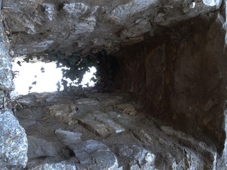 Fenster einer alten Ruine und Efeu
