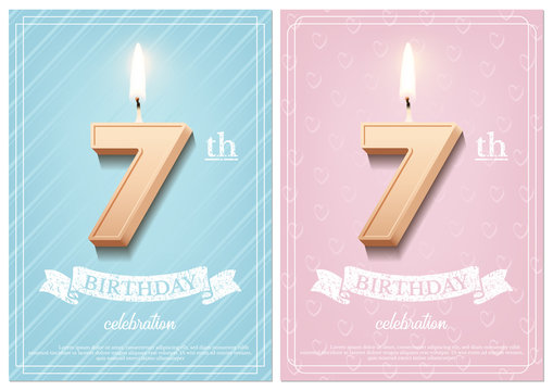 Burning number 7 birthday candle with vintage ribbon and birthday celebration text on textured blue and pink backgrounds in postcard format. Vector vertical seventh birthday invitation templates.
